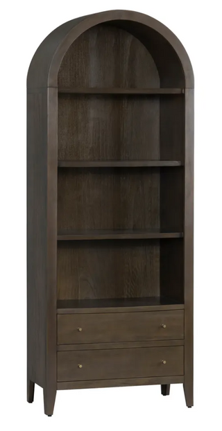 A brown Simon Etagere with two drawers and four shelves, featuring bronze pulls.