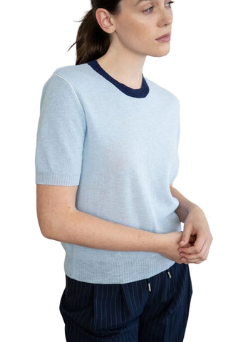 Sky Blue Contrast Trim Short Sleeve Knit Top