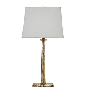 Skye Elite Table Lamp
A table lamp with a textured gold-finished metal base and a rectangular white fabric shade off white antique brass