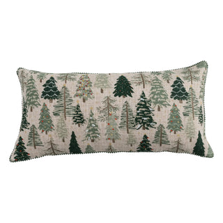 Slub Printed Lumbar Pillow with Trees, Beads & Mini Pom Pom Trim green brown ivory tree