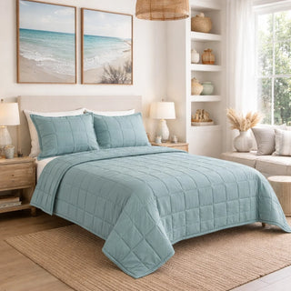 Slub Tencel Quilted Coverlet Set in Sea blue queen king twin