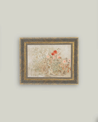 Small Garden Framed Antique Art 10"x8" red flower pastel