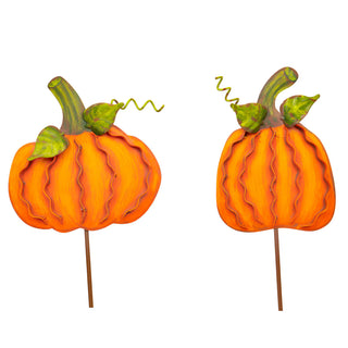Small Ribbon Pumpkins Orange Stake Assorted
Two orange pumpkin garden stakes with green leaves and stems, metal easel