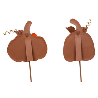 Small Ribbon Pumpkins Orange Stake Assorted
Two orange pumpkin garden stakes with green leaves and stems, metal easel