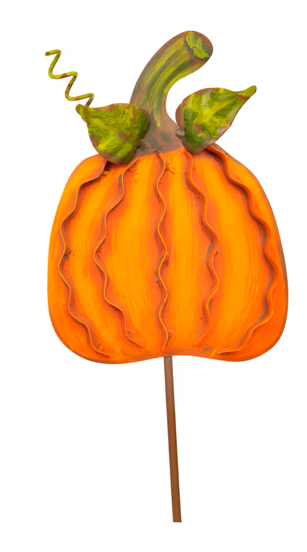 Small Ribbon Pumpkins Orange Stake Assorted
Two orange pumpkin garden stakes with green leaves and stems, metal easel
