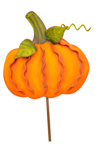 Small Ribbon Pumpkins Orange Stake Assorted
An orange pumpkin-shaped metal garden stake with a textured, wavy surface, a green stem, and a curly vine