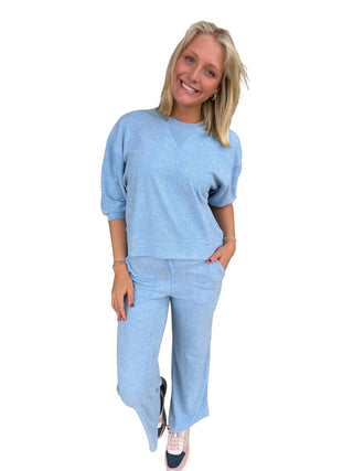 Softies Terry Cropped Sleeve Crew Neck with Wide Leg Pant Set in Heather Sky Blue light blue pant top