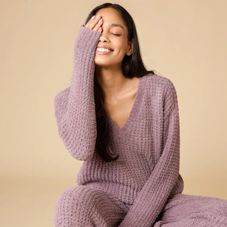 Softies Waffle Marshmallow V-Neck Top with Long Pant in Driftwood