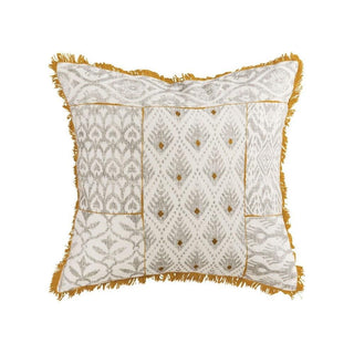 A square-shaped pillow with a white geometric pattern and gold accents on a white background. Sonnet Pillow