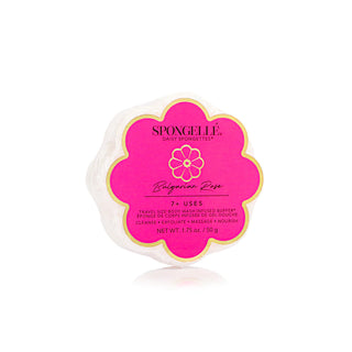A Spongellé Bulgarian Rose Spongette in a floral shape with a pink and white color scheme, featuring product information and branding.