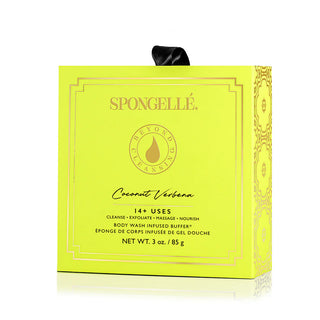 A packaged Spongellé bath sponge in Coconut Verbena fragrance, displayed in a bright yellow box with decorative patterns and brand logo.
