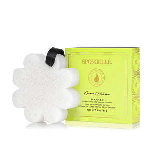 Spongellé Coconut Verbena Boxed Flower sponge next to yellow product box