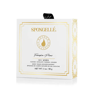A packaged Spongellé Freesia Pear body sponge in a white box with gold and black accents, displaying the brand name and product name.