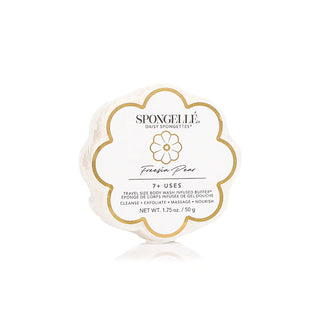 A Spongellé Freesia Pear Spongette with a floral design packaging, indicating it is a product with multiple uses, travel-friendly, and includes a built-in body wash buffer.
