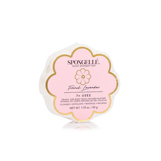 Packaging of Spongellé French Lavender Daisy Spongette, indicating it is a multi-use sponge with 7+ uses, featuring a pink and white color scheme with a floral design.