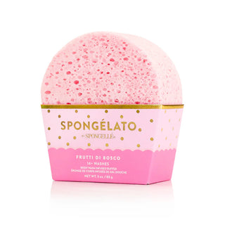 Spongellé Frutti di Bosco Spongelato Body Buffer pink bath sponge with body wash with gold text on a white background