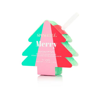 Tree-shaped sponge with colorful design on a white background. Spongellé Holiday Tree Eucalyptus Buffer