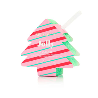 Striped candy-shaped product with 'Jolly' branding on a white background. Spongellé Holiday Tree Mulberry Buffer