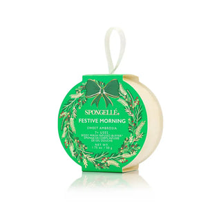 Spongellé festive morning product with green packaging and white background. Spongellé Holiday Wreath Sweet Ambrosia Spongette