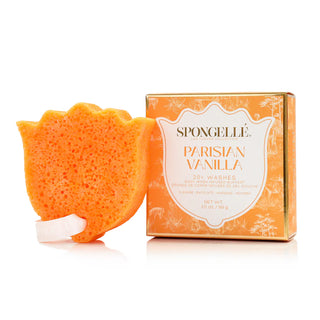 Orange bath sponge with 'Spongellé Parisian Vanilla' packaging on a white background