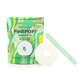 SpongeLè PediPOP peppermint foot treatment packaging with a white disc on a white background