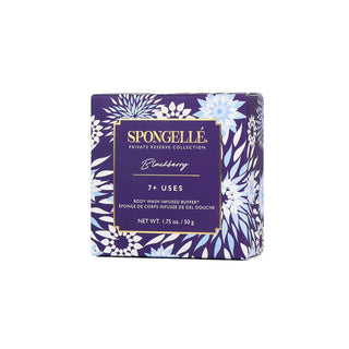 A packaged Spongellé Private Reserve Blackberry spongette with a floral pattern on the box.