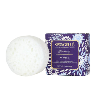 Spongellé Private Reserve Blackberry Spongette sponge next to product box