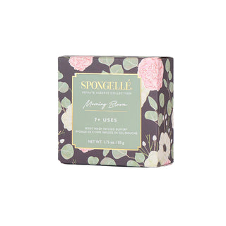 Packaging of Spongellé Private Reserve Morning Bloom Spongette with floral patterns and product information.