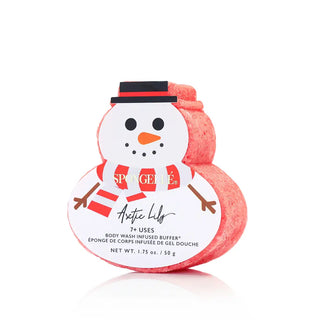 Snowman-shaped body wash buffer with a white background. Spongellé Snowman Arctic Lily Buffer