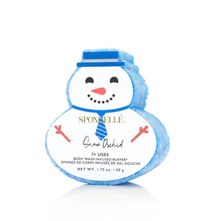 Snowman-shaped body wash with blue scarf and hat on a white background. Spongellé Snowman Snow Orchid Buffer
