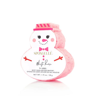 Pink snowman-shaped body wash with a face on a white background. Spongellé Snowman White Rose Buffer