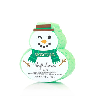 Snowman-shaped body wash buffer with green scarf and brown hat on a white background. Spongellé Snowman Winter Jasmine Buffer