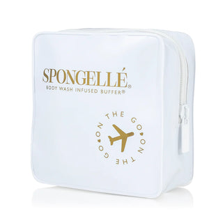 A white travel case with gold print, designed for storing a body wash infused buffer, featuring an anti-slip YKK zipper.