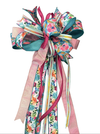 Spring Bow in Bloom flower floral watercolor abstract teal turquoise pink blue