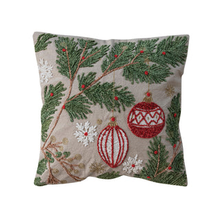 Square Cotton Embroidered Ornaments & Pine Boughs Pillow  beige green red white snowflake gold berry berries