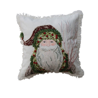 Square Cotton Slub Printed Embroidered Santa Pillow with Fringe green red burgundy white brown