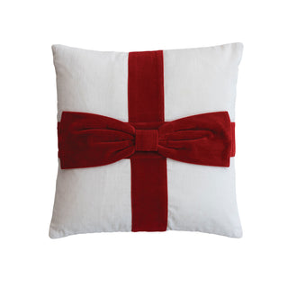 Square Cotton Velvet Pillow with Bow in White & Red Christmas