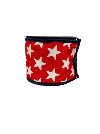 Star Print Taffeta Fused Royal Piping Ribbon 4" - SOLD BY THE FOOT
ribbon with a red background, white star pattern, and dark navy blue trim.