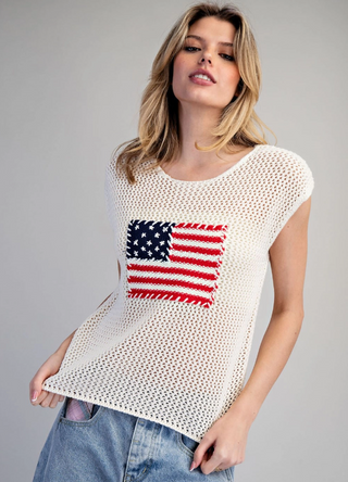 Stars & Stripes Kit Cap Sleeve Top in Oatmeal flag red white and blue cream open weave mesh