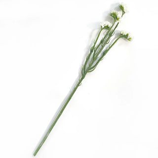 Statice in White
A single artificial flower stem with small white blossoms and green leaves, lacy floral
