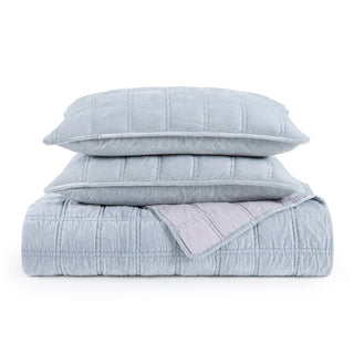 Stella Faux Silk Velvet Double Box Stitch Quilt Set in Icy Blue