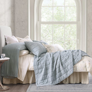 Stella Faux Silk Velvet Double Box Stitch Quilt Set in Icy Blue