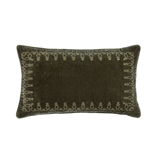 Stella Faux Silk Velvet Embroidered Lumbar Pillow in Fern Green luxurious