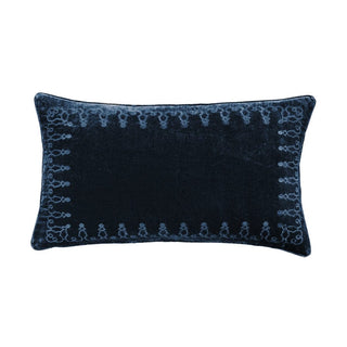 Stella Faux Silk Velvet Embroidered Lumbar Pillow in Midnight Blue teal