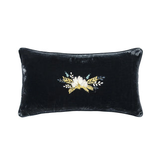 Stella Western Floral Embroidered Silk Velvet Lumbar Pillow midnight blue flower white 