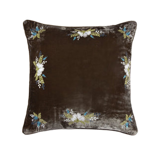 Stella Western Floral Embroidered Silk Velvet Pillow in Green Ochre green ochre white flower blue