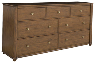 Stewart Seven Drawer Dresser rich brown stain brushed brass knob acacia wood