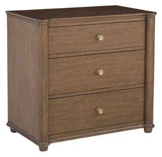 Stewart Three Drawer Nightstand acacia wood brushed brass knob rich brown stain