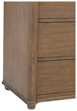 Stewart Three Drawer Nightstand acacia wood brushed brass knob rich brown stain
