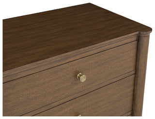 Stewart Three Drawer Nightstand acacia wood brushed brass knob rich brown stain